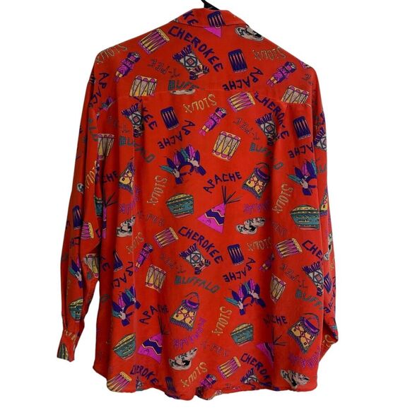 Womens Long Sleeve Silk Shirt Large Red Button Up Tribes Native American Sioux - Picture 2 of 11